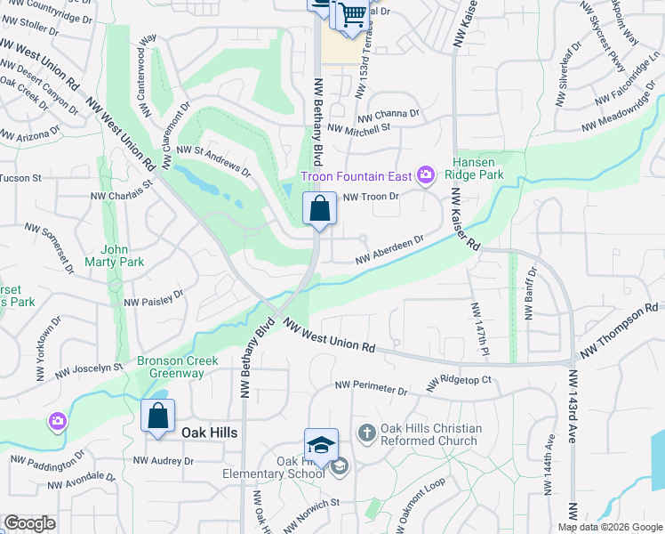 map of restaurants, bars, coffee shops, grocery stores, and more near 15408 Northwest Aberdeen Drive in Portland