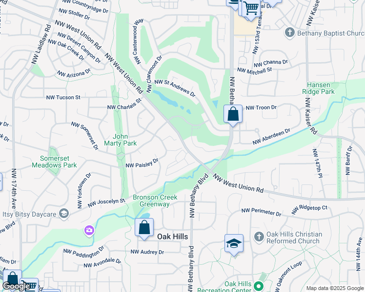 map of restaurants, bars, coffee shops, grocery stores, and more near 16005 Northwest Harriet Court in Beaverton