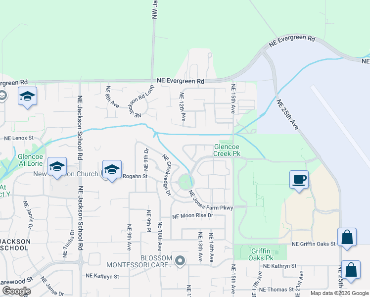 map of restaurants, bars, coffee shops, grocery stores, and more near 1262 Northeast Kinney Street in Hillsboro