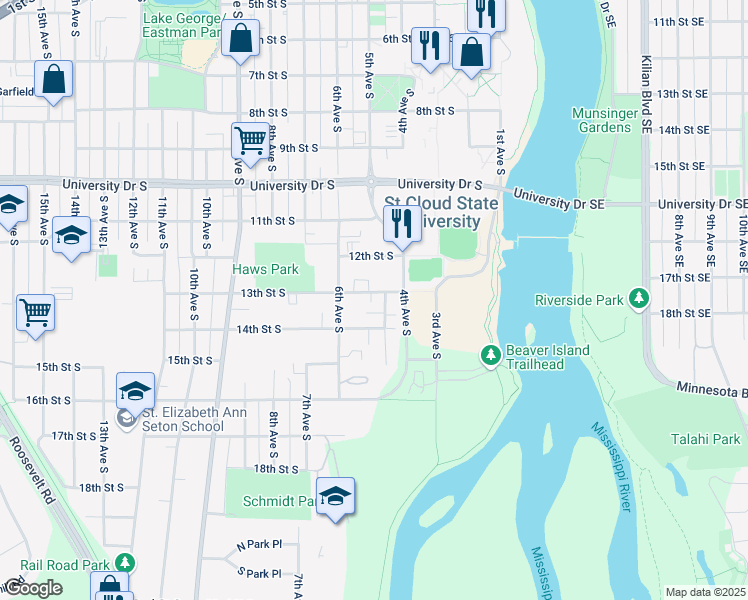 map of restaurants, bars, coffee shops, grocery stores, and more near 520 13th Street South in St. Cloud