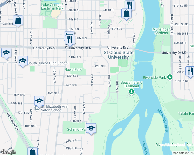 map of restaurants, bars, coffee shops, grocery stores, and more near 520 13th Street South in St. Cloud