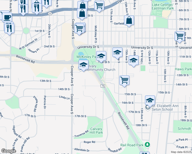 map of restaurants, bars, coffee shops, grocery stores, and more near 1400 Washington Memorial Drive in St. Cloud
