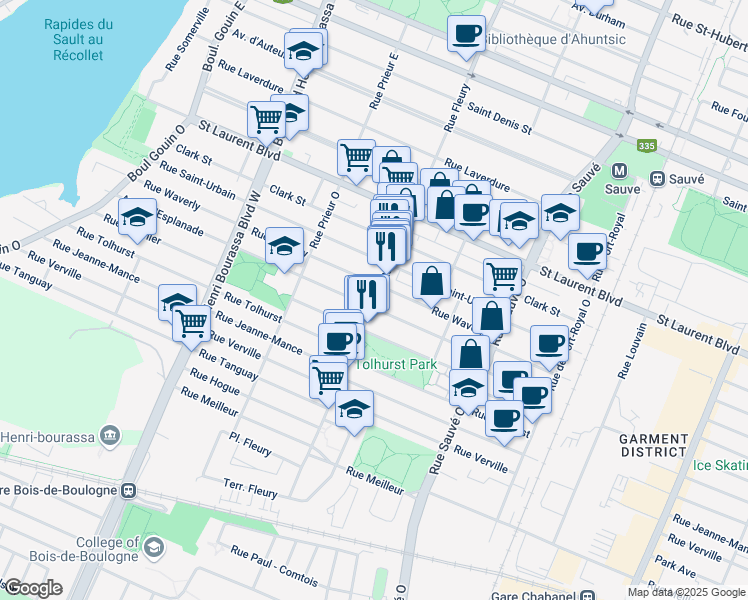 map of restaurants, bars, coffee shops, grocery stores, and more near 175 Rue Fleury Ouest in Montreal