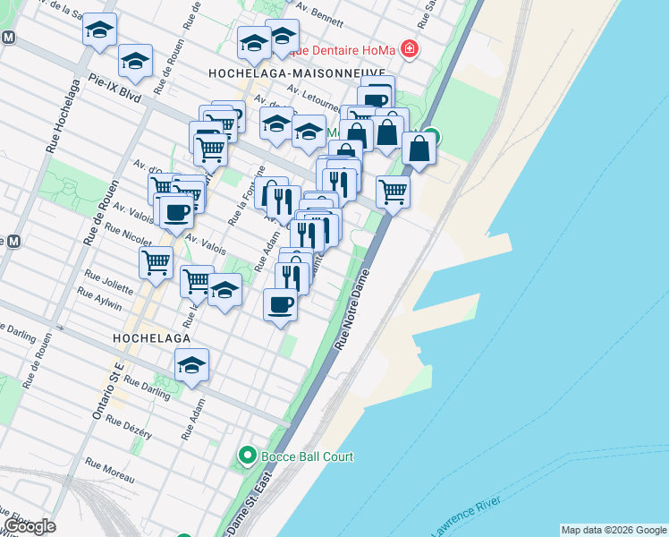 map of restaurants, bars, coffee shops, grocery stores, and more near 599 Avenue Bourbonnière in Montréal