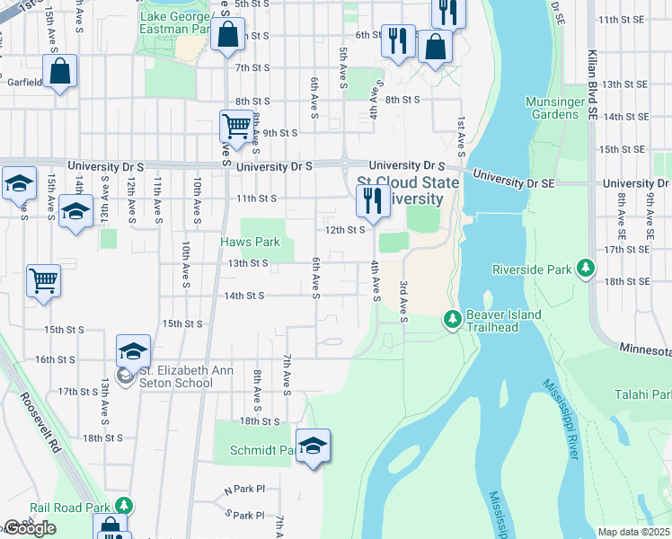 map of restaurants, bars, coffee shops, grocery stores, and more near 520 13th Street South in St. Cloud