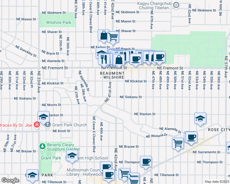 map of restaurants, bars, coffee shops, grocery stores, and more near 3125 Northeast 42nd Avenue in Portland