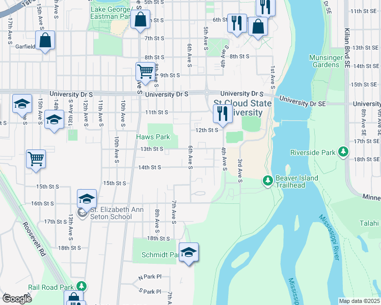 map of restaurants, bars, coffee shops, grocery stores, and more near 1320 6th Avenue South in Saint Cloud