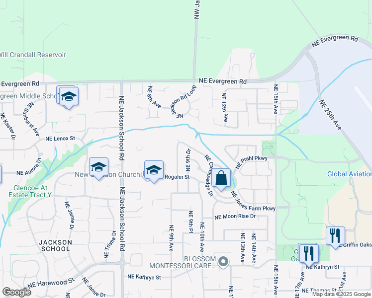 map of restaurants, bars, coffee shops, grocery stores, and more near 886 Northeast Creeksedge Drive in Hillsboro