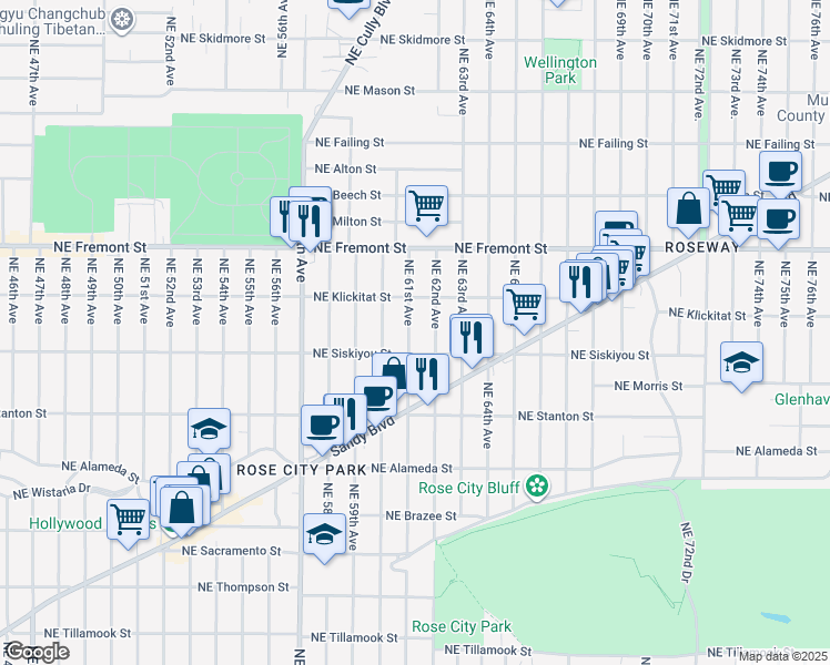 map of restaurants, bars, coffee shops, grocery stores, and more near 3134 Northeast 61st Avenue in Portland