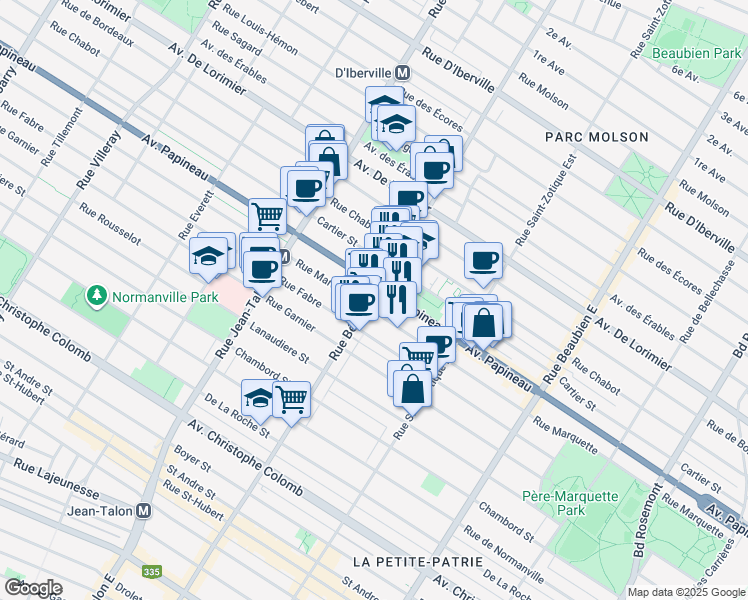 map of restaurants, bars, coffee shops, grocery stores, and more near 1674 Rue Bélanger in Montréal