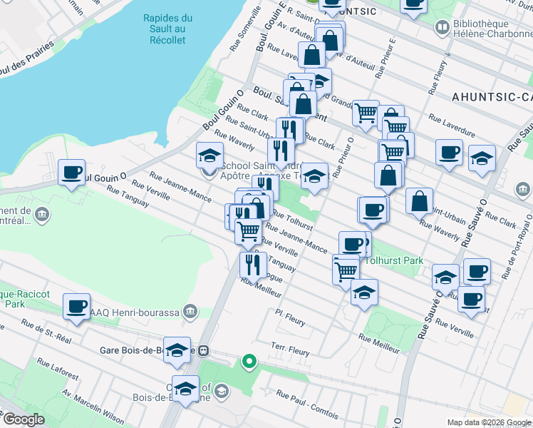map of restaurants, bars, coffee shops, grocery stores, and more near 282 Boulevard Henri Bourassa Ouest in Montréal