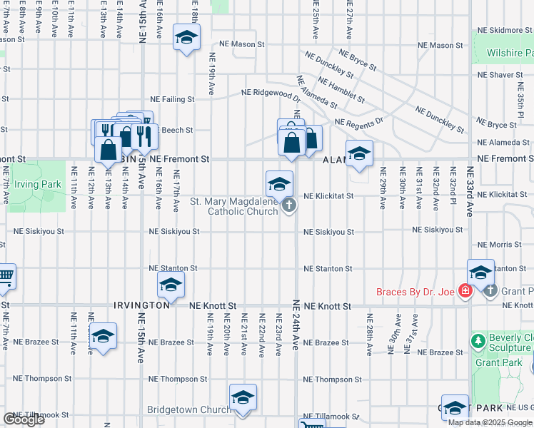 map of restaurants, bars, coffee shops, grocery stores, and more near 3150 Northeast 22nd Avenue in Portland