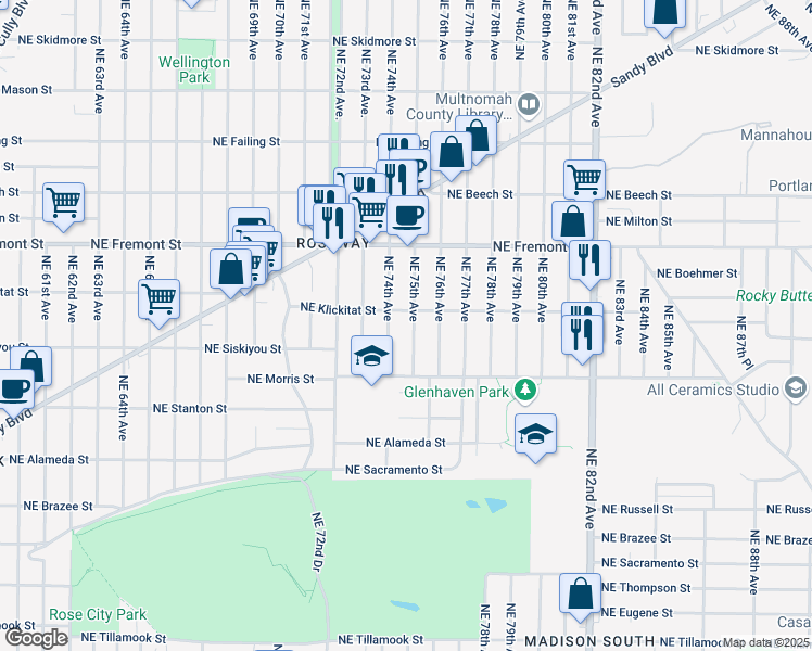 map of restaurants, bars, coffee shops, grocery stores, and more near 3241 Northeast 75th Avenue in Portland