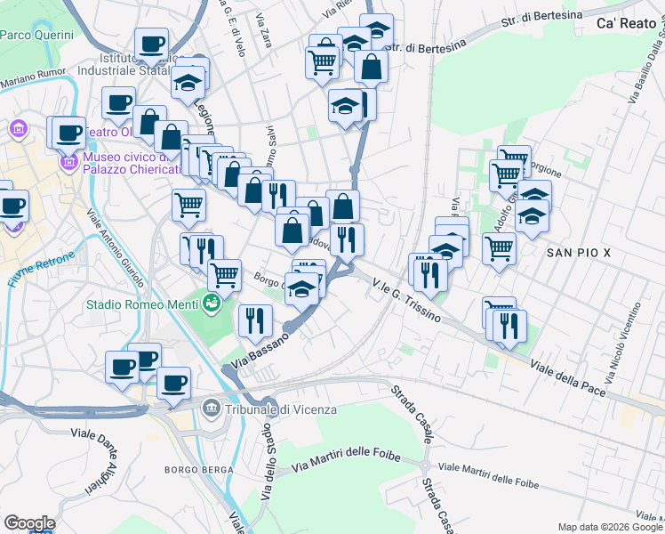 map of restaurants, bars, coffee shops, grocery stores, and more near 10 Via Spalato in Vicenza