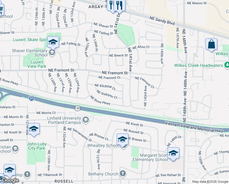 map of restaurants, bars, coffee shops, grocery stores, and more near 13838 Northeast Klickitat Court in Portland