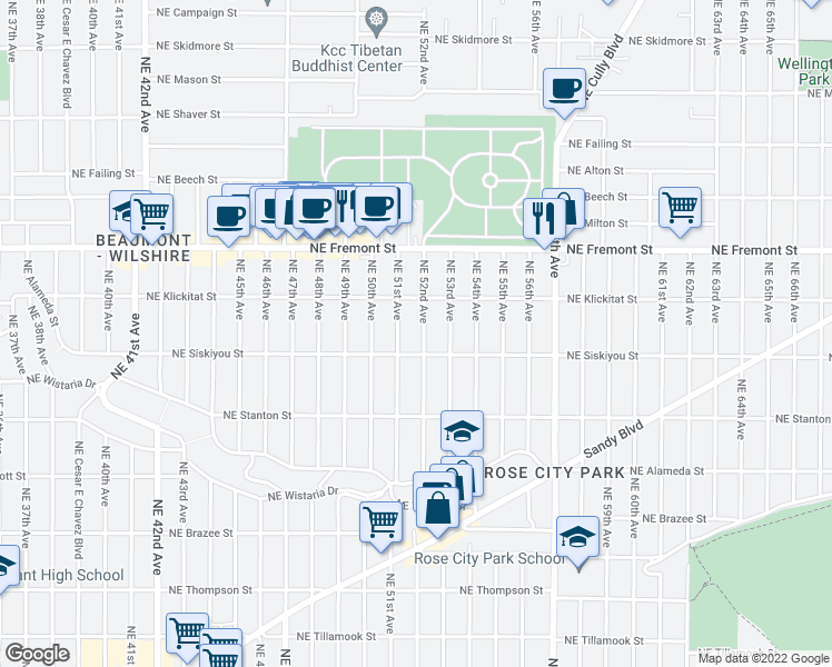 map of restaurants, bars, coffee shops, grocery stores, and more near 3133 Northeast 52nd Avenue in Portland