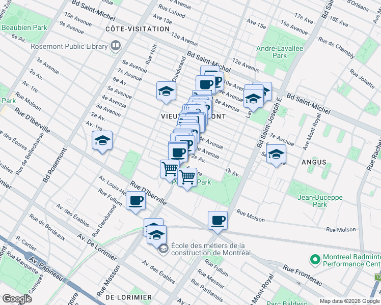 map of restaurants, bars, coffee shops, grocery stores, and more near 2654 Rue Masson in Montréal