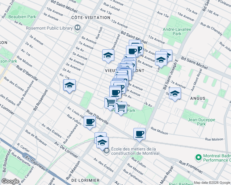 map of restaurants, bars, coffee shops, grocery stores, and more near 5428 Avenue 2e in Montréal