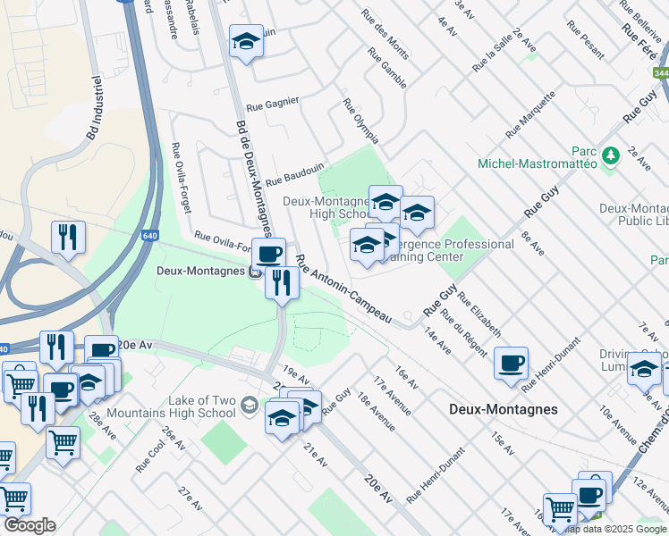 map of restaurants, bars, coffee shops, grocery stores, and more near 703 Croissant Brown in Deux-Montagnes
