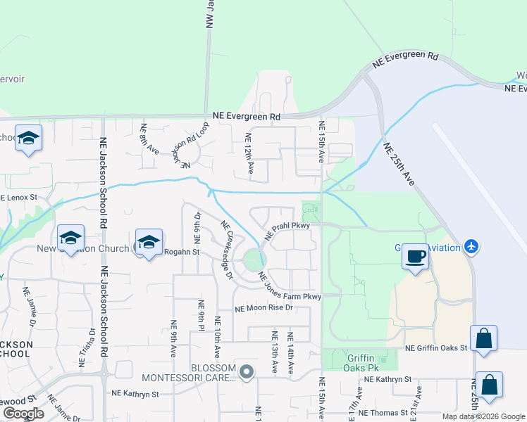 map of restaurants, bars, coffee shops, grocery stores, and more near 1262 Northeast Kinney Street in Hillsboro