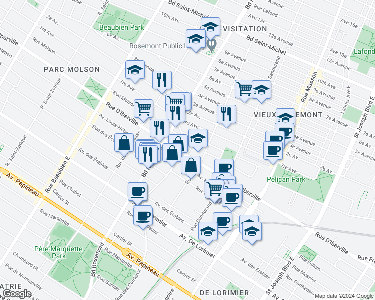 map of restaurants, bars, coffee shops, grocery stores, and more near 5795 Rue D'Iberville in Montréal