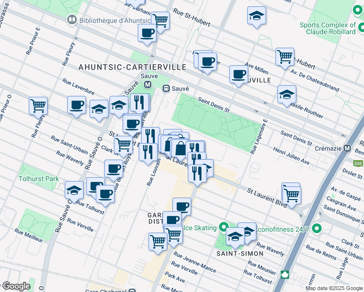 map of restaurants, bars, coffee shops, grocery stores, and more near 11 Rue de Louvain East in Montréal