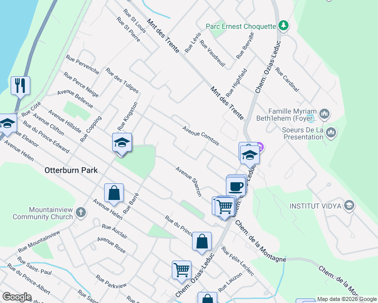 map of restaurants, bars, coffee shops, grocery stores, and more near 299 Croissant du Vieux-Verger in Otterburn Park