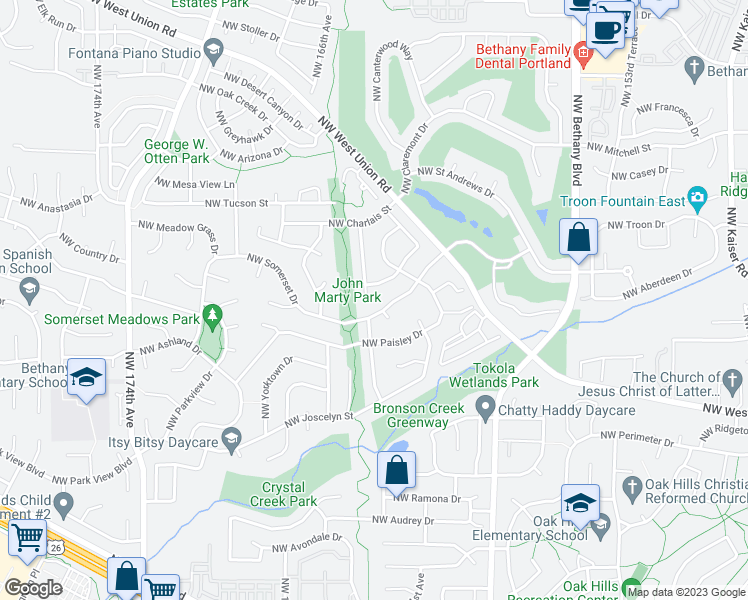 map of restaurants, bars, coffee shops, grocery stores, and more near 3612 Northwest 163rd Terrace in Beaverton