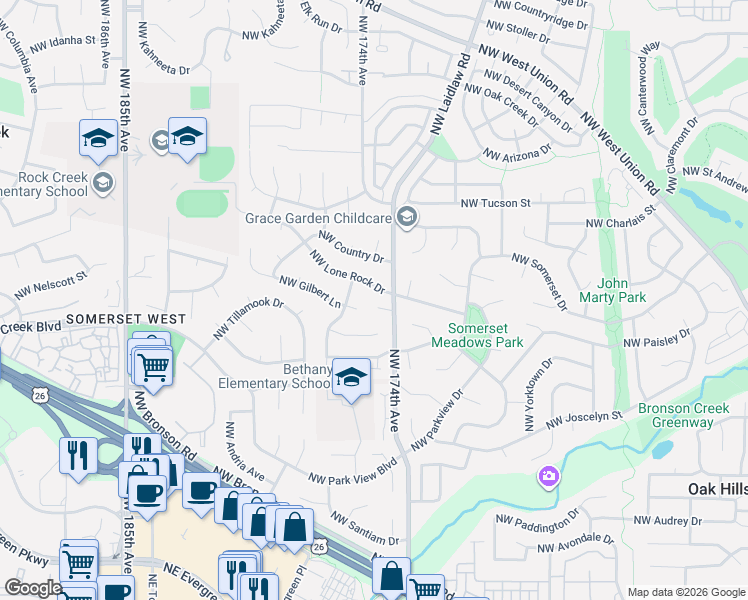 map of restaurants, bars, coffee shops, grocery stores, and more near 3652 Northwest Ramsey Crest Drive in Portland