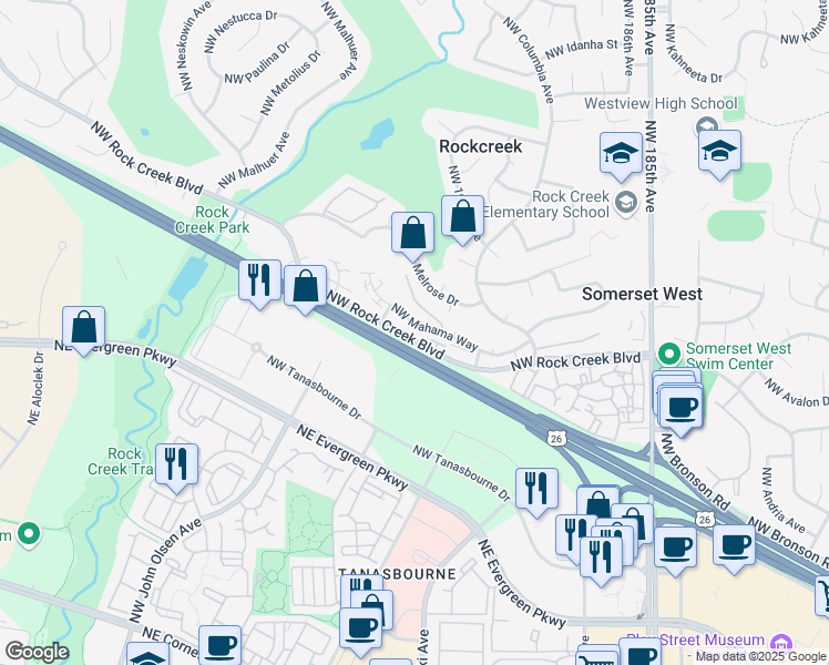 map of restaurants, bars, coffee shops, grocery stores, and more near 19378 Northwest Mahama Way in Portland