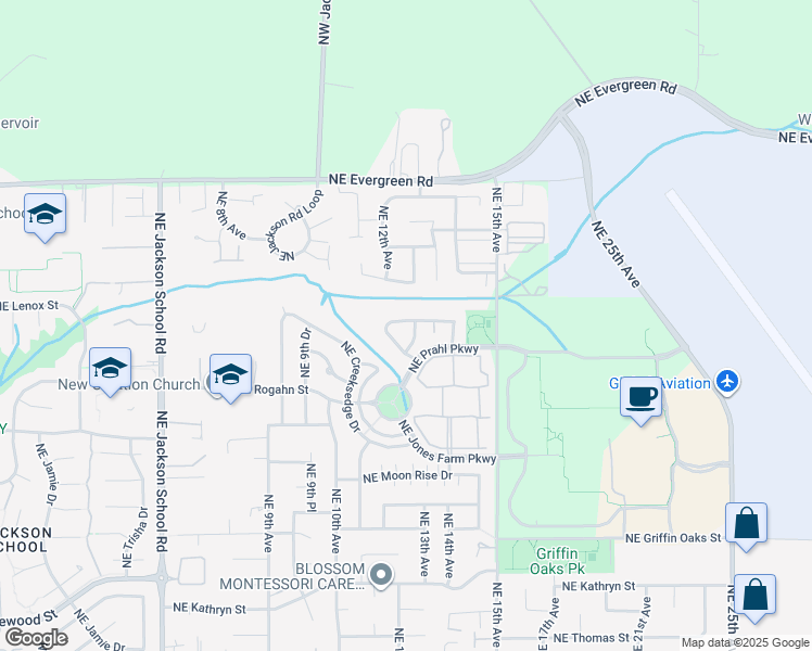 map of restaurants, bars, coffee shops, grocery stores, and more near 1262 Northeast Kinney Street in Hillsboro