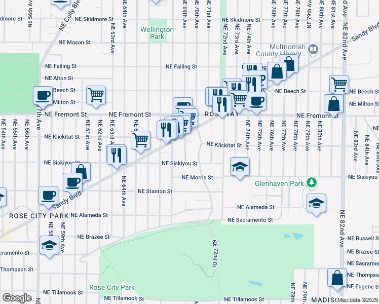 map of restaurants, bars, coffee shops, grocery stores, and more near 3146 Northeast 69th Avenue in Portland