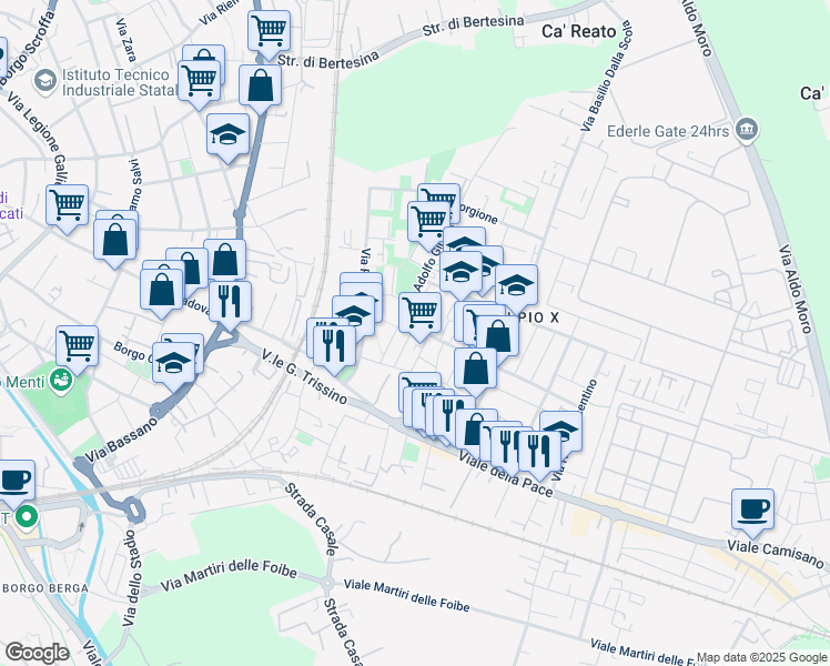 map of restaurants, bars, coffee shops, grocery stores, and more near 17 Via Bernardo Morsolin in Vicenza