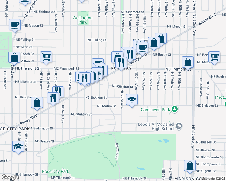 map of restaurants, bars, coffee shops, grocery stores, and more near 3207 Northeast 71st Avenue in Portland