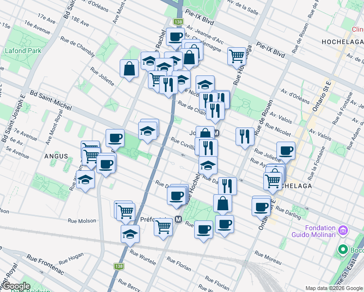 map of restaurants, bars, coffee shops, grocery stores, and more near 2650 Rue Cuvillier in Montréal