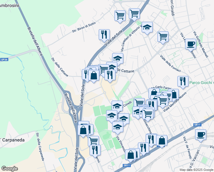 map of restaurants, bars, coffee shops, grocery stores, and more near 92 Via Lanza in Vicenza