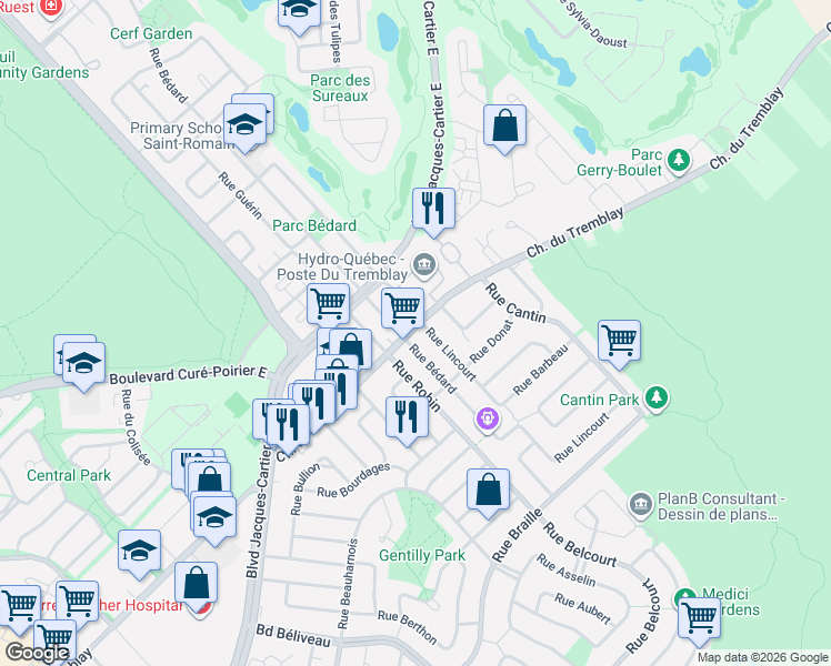 map of restaurants, bars, coffee shops, grocery stores, and more near 1982 Chemin du Tremblay in Longueuil