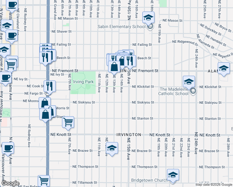 map of restaurants, bars, coffee shops, grocery stores, and more near 3202 Northeast 13th Avenue in Portland