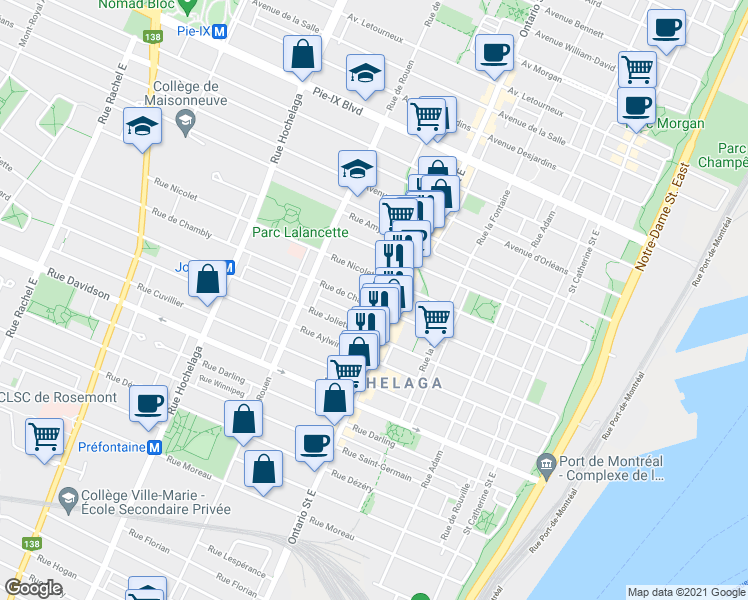 map of restaurants, bars, coffee shops, grocery stores, and more near 2043 Rue de Chambly in Montréal