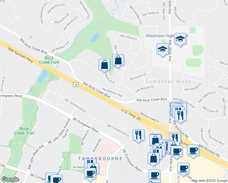 map of restaurants, bars, coffee shops, grocery stores, and more near 19233 Northwest Mahama Way in Portland