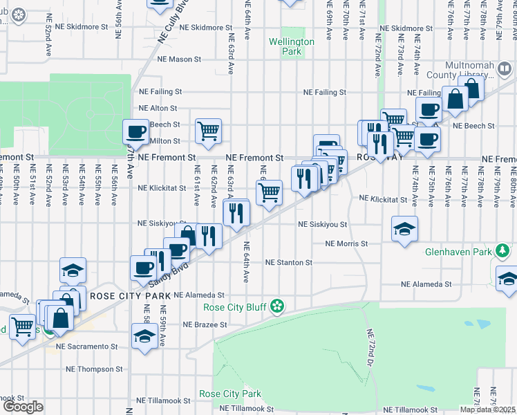 map of restaurants, bars, coffee shops, grocery stores, and more near 3139 Northeast 65th Avenue in Portland