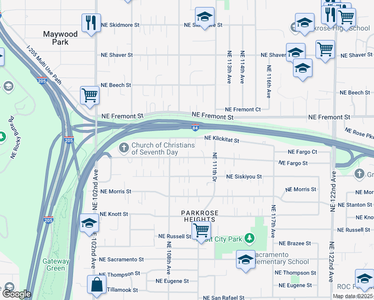 map of restaurants, bars, coffee shops, grocery stores, and more near 10935 Northeast Fargo Street in Portland