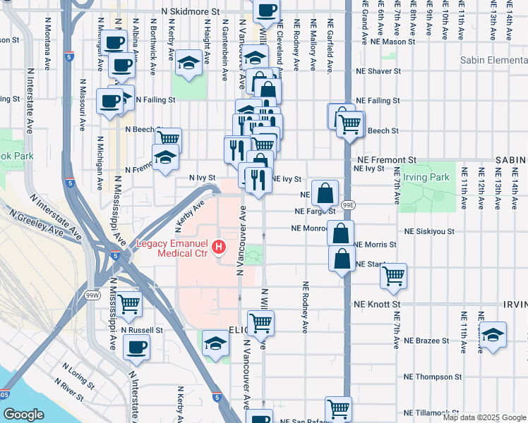 map of restaurants, bars, coffee shops, grocery stores, and more near N Williams Ave & N Fargo St in Portland