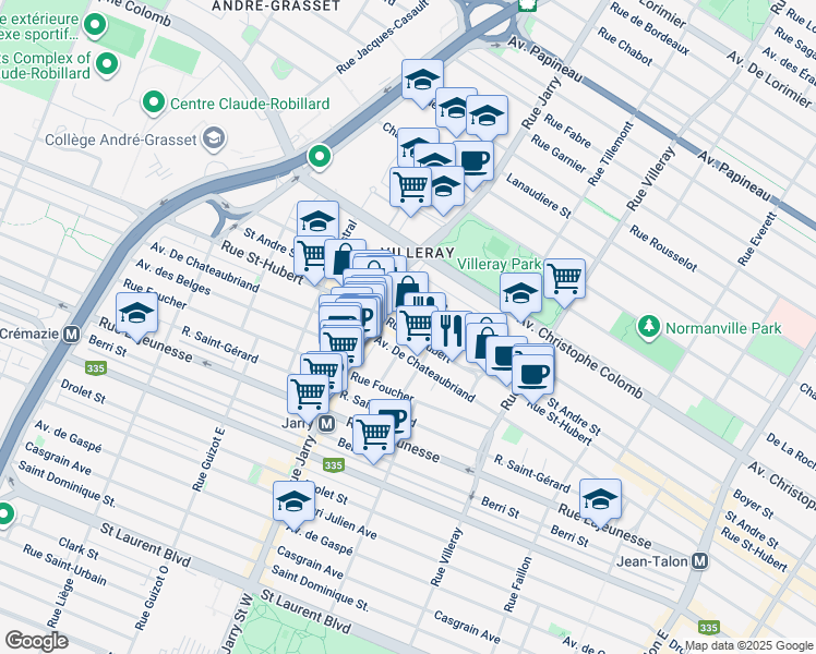 map of restaurants, bars, coffee shops, grocery stores, and more near 8035 Rue Saint-Hubert in Montréal
