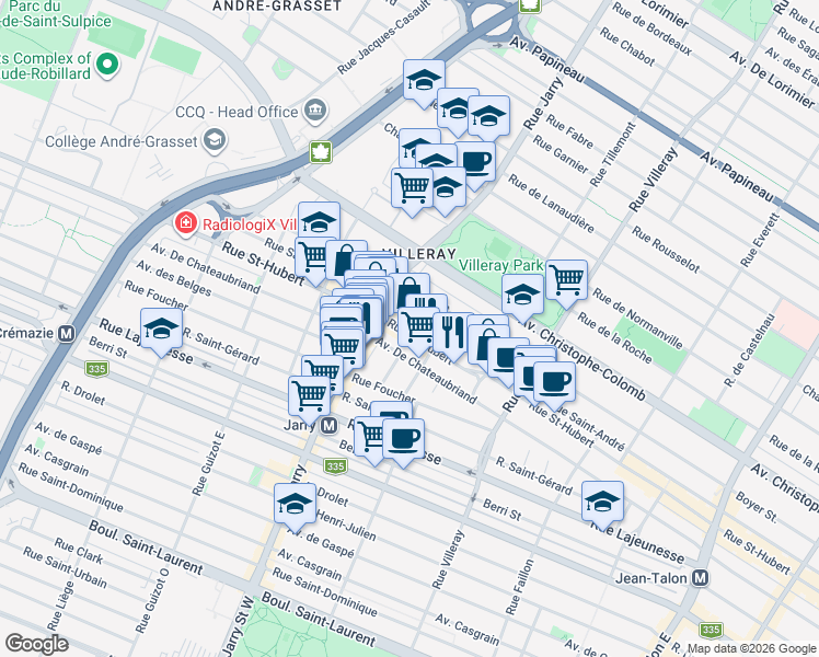 map of restaurants, bars, coffee shops, grocery stores, and more near 8035 Rue Saint-Hubert in Montréal