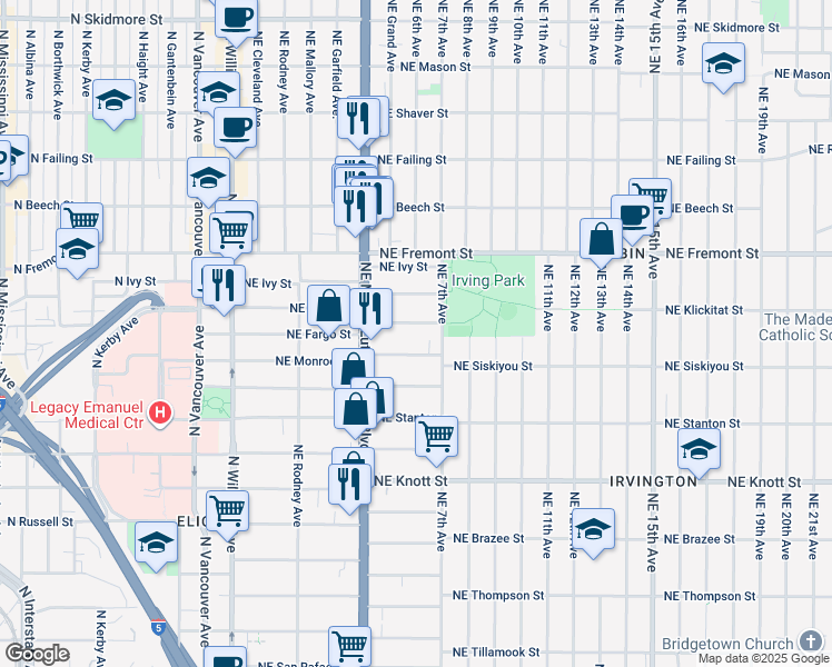 map of restaurants, bars, coffee shops, grocery stores, and more near 550 Northeast Fargo Street in Portland