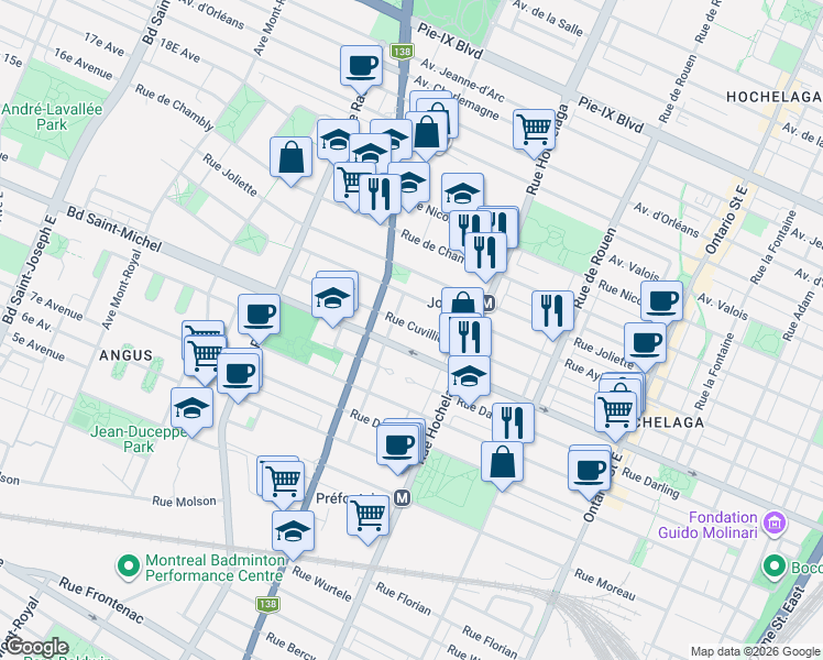 map of restaurants, bars, coffee shops, grocery stores, and more near 2650 Rue Cuvillier in Montréal