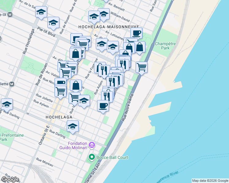 map of restaurants, bars, coffee shops, grocery stores, and more near 1419 Avenue Bourbonnière in Montréal