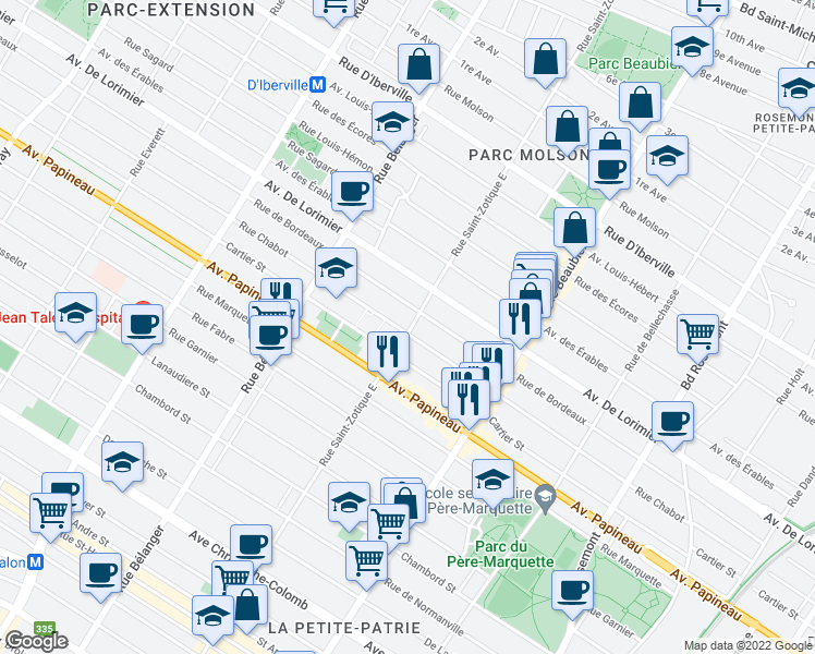 map of restaurants, bars, coffee shops, grocery stores, and more near 1965 Rue Saint-Zotique Est in Montréal