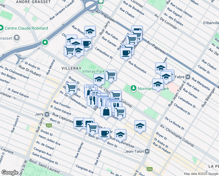 map of restaurants, bars, coffee shops, grocery stores, and more near 1144 Villeray Street in Montreal